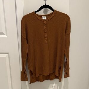 aerie Waffle-Knit Henley Sweater in Rust Brown